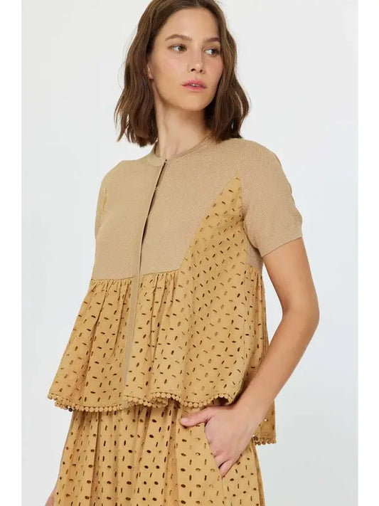 Eyelet Combo Short Sleeve Cardi